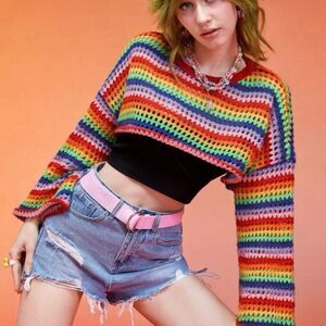 Romwe Women's Multicolor Striped Crochet Knit Crop Sweater Size L